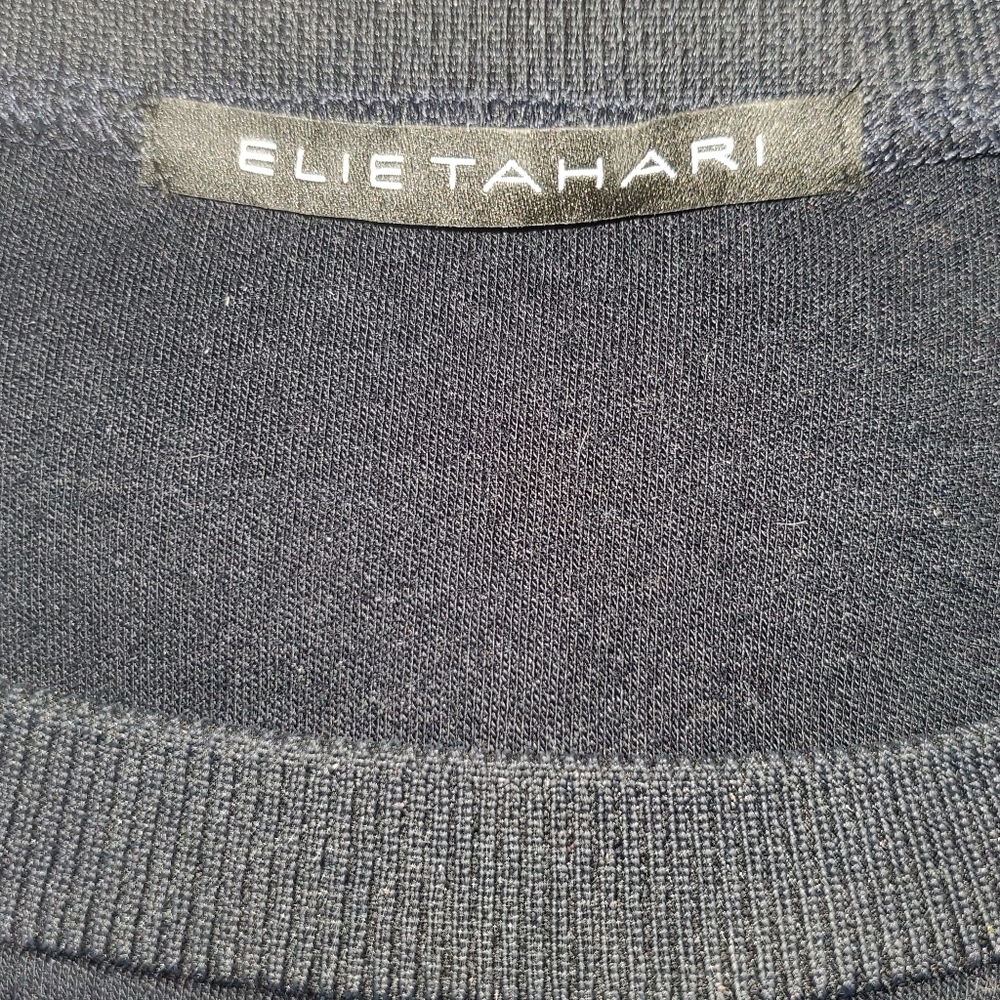 Navy Blue ELIE TAHARI knit top with lace sleeves. - Picture 4 of 6